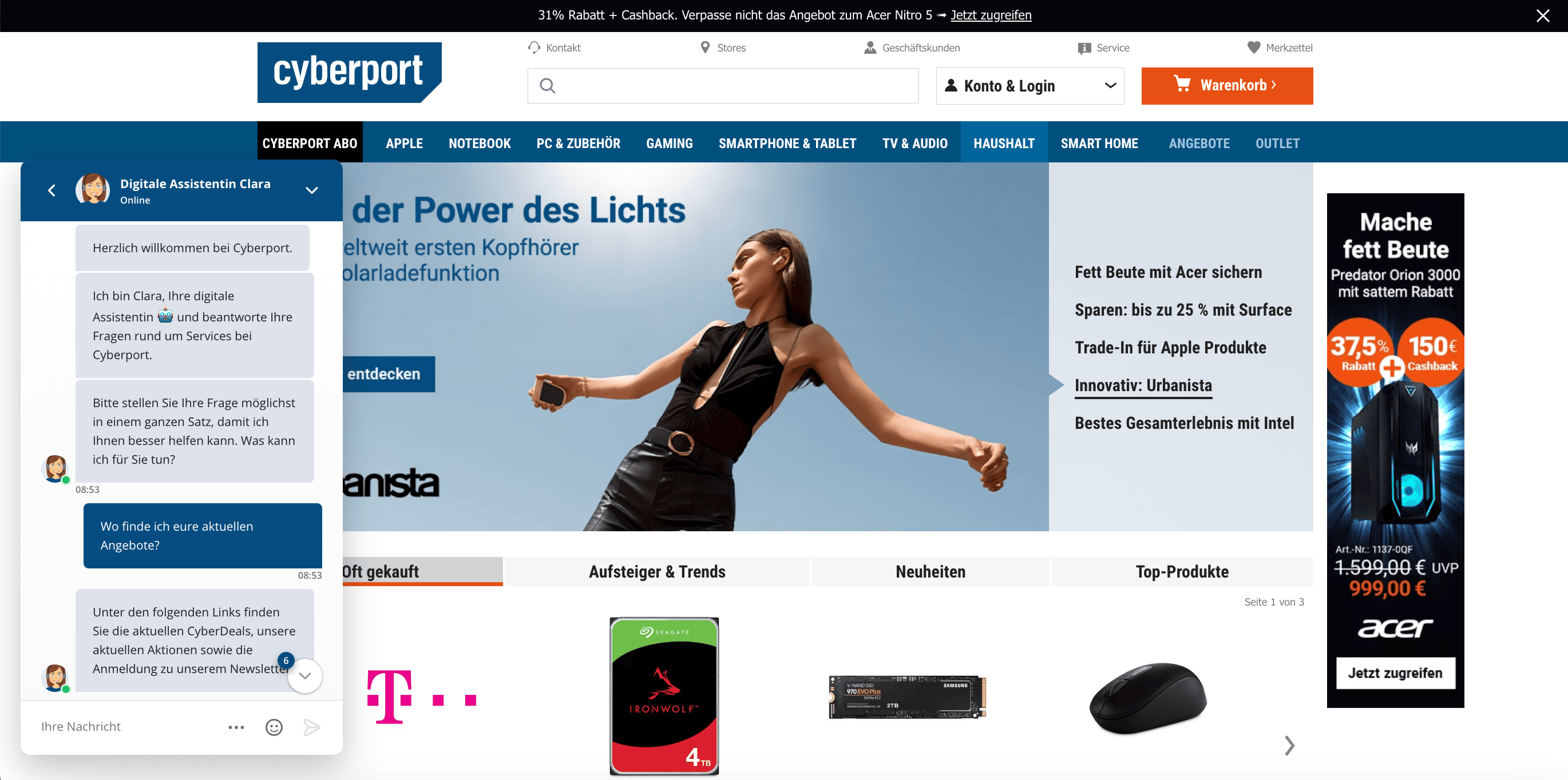 Screenshot der Cyberport-Website mit digitaler Assistentin Clara