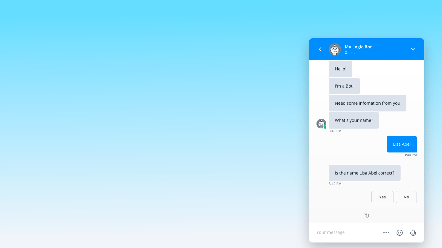 Userlike Bot Logique montrant un texte et showing text des options bulles.