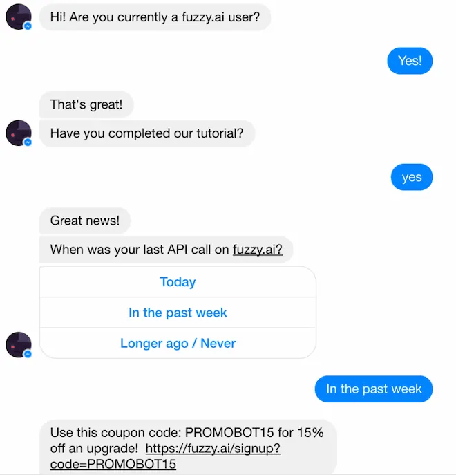 image of chatbot offering discount code to customer for completing the tutorial