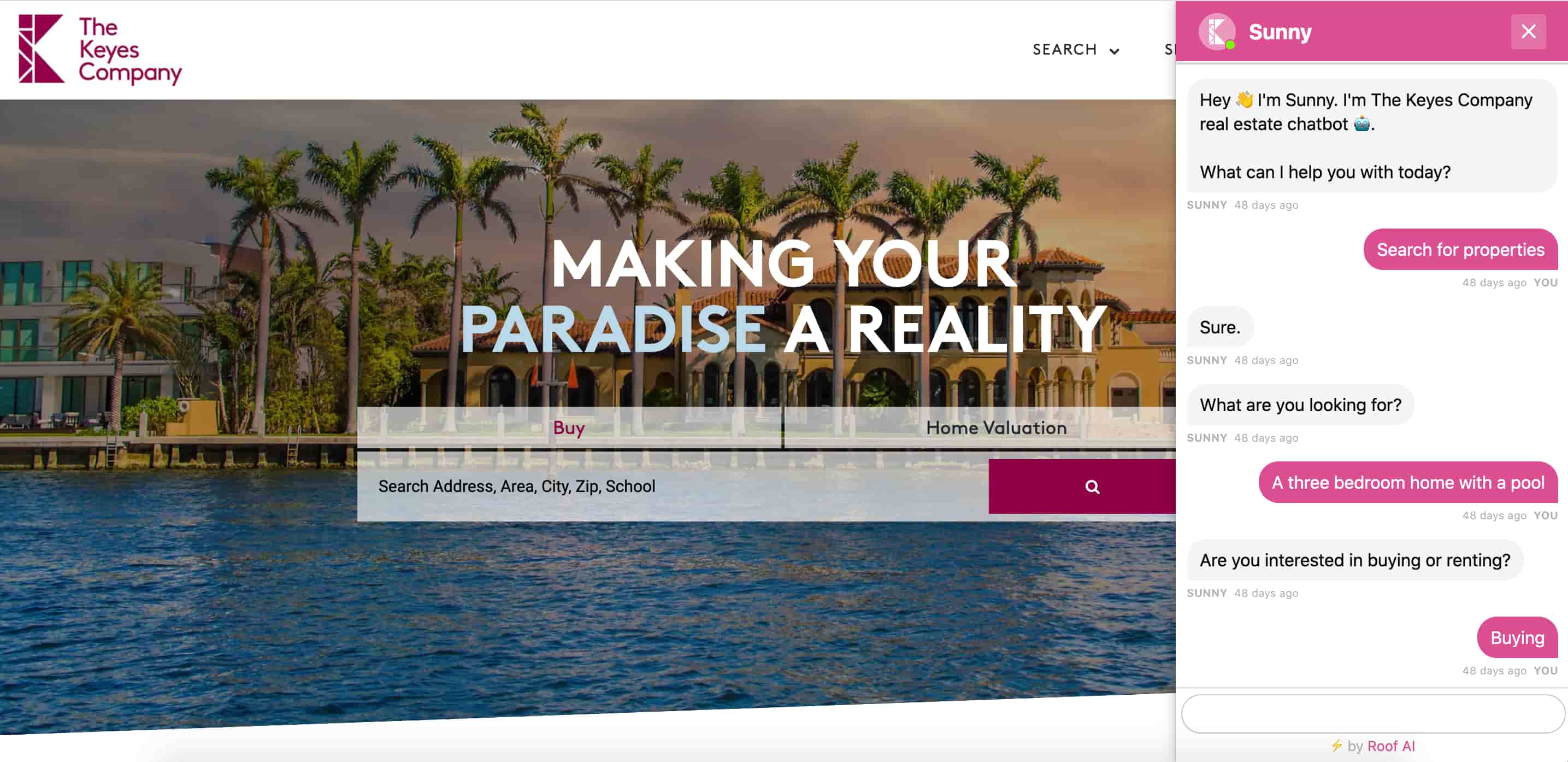 screenshot of a chatbot greeting on the Keyes real estate website