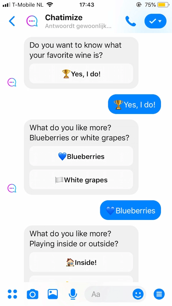 Image of a user taking a wine quiz with a chatbot