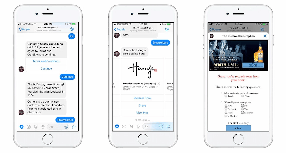 Example images of the whiskey chatbot talking to a customer