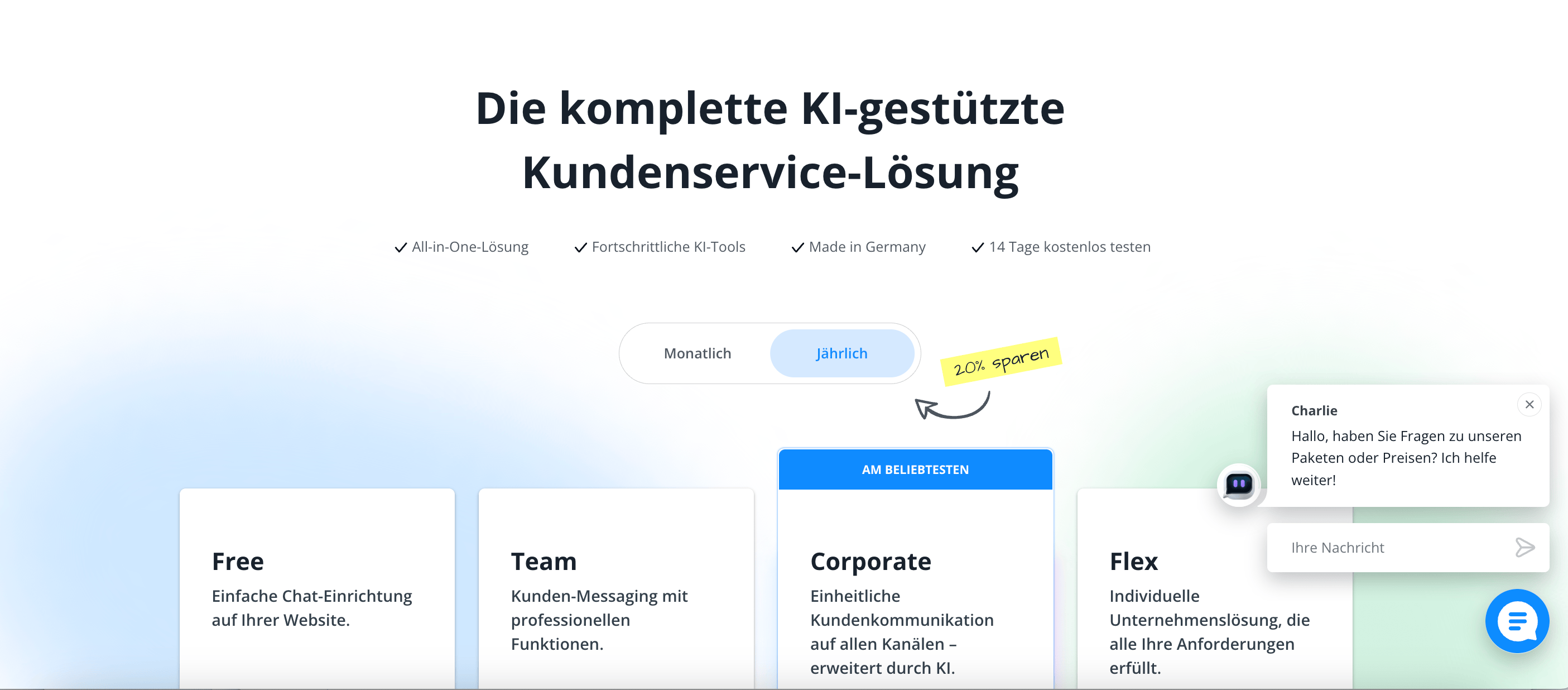 Bild der Pricing-Website von Userlike mit Chatbot Charlie