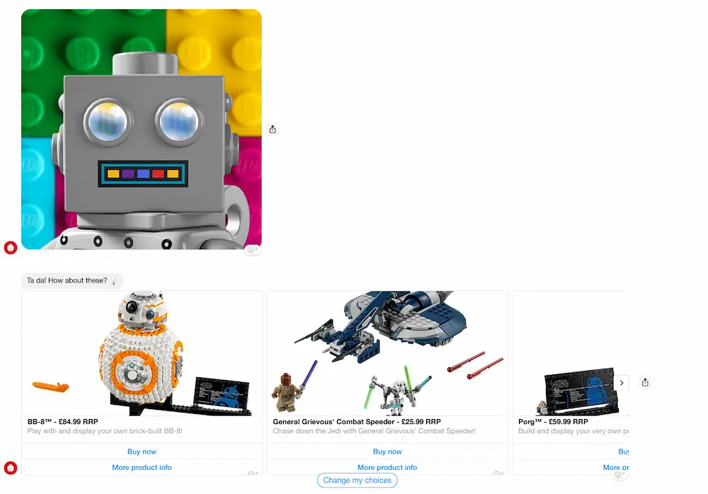 Conversation with Lego gift chatbot