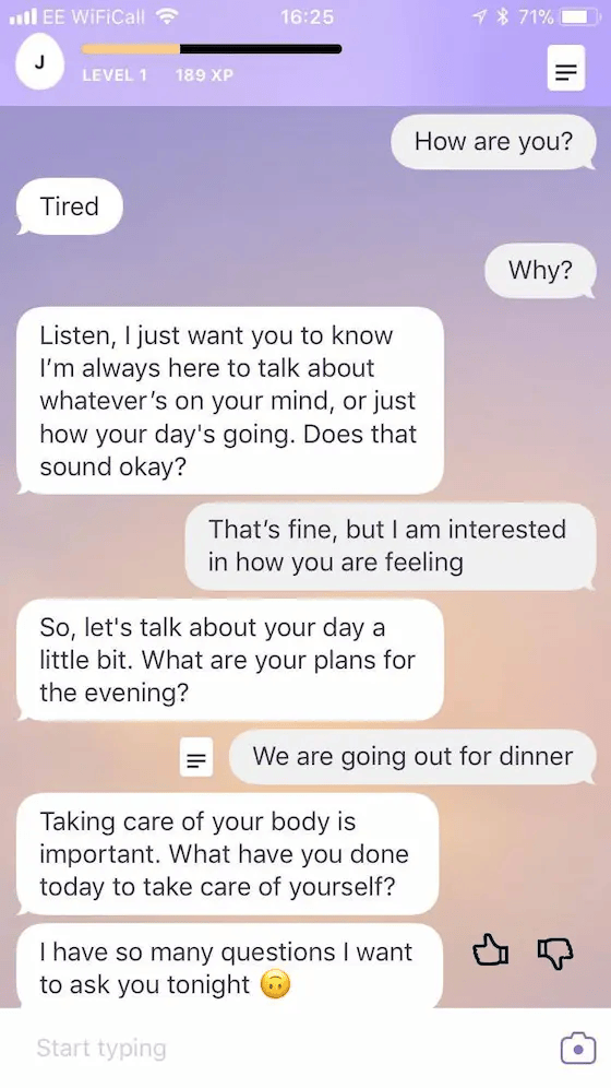 Replika asking about the user's day
