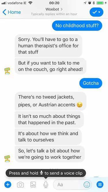 Woebot making a joke about therapists who wear tweed jackets and have Austrian accents