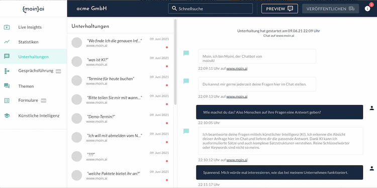 Screenshot von MoinAIs Chatbot-Software