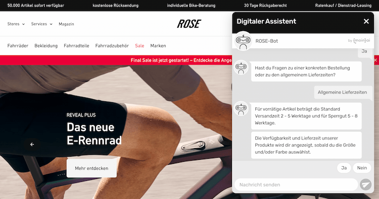 Ein Bild der Rose Bikes Website mit MoinAis Chatbot Software