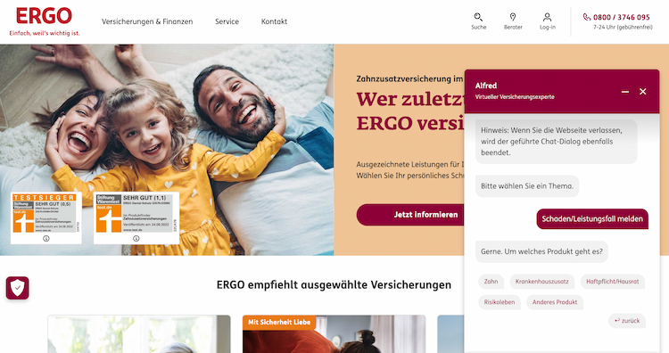Parloas Chatbot-Software auf Versicherungs-Website