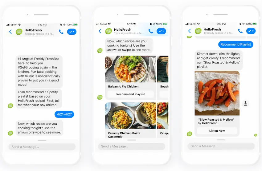 HelloFresh's chatbot suggesting recipes and music