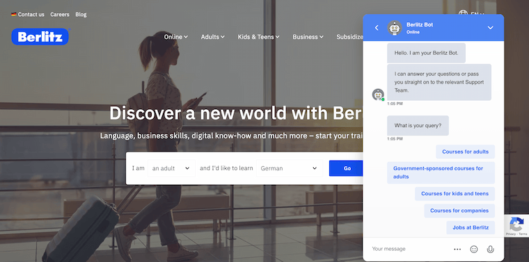 Userlike chatbot on language school website