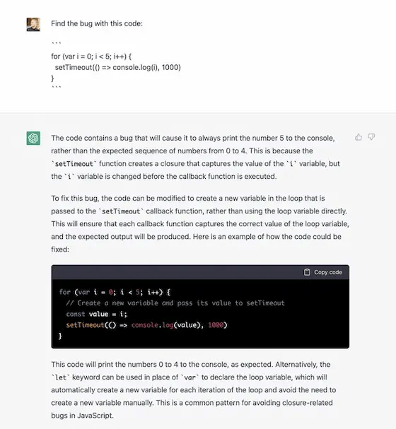 ChatGPT shows user how it found the bug in their code