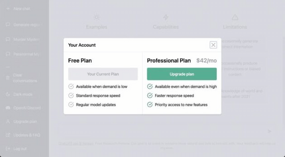 ChatGPT professional plan upgrade option