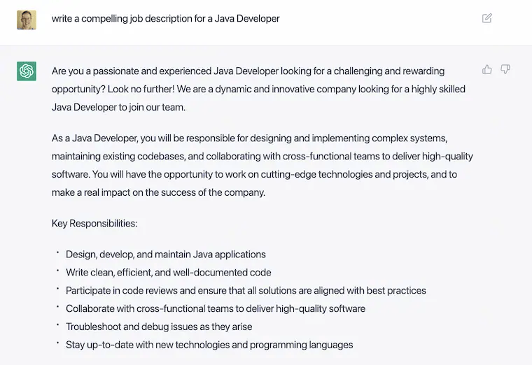ChatGPT's generated job description for a java developer