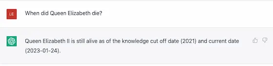 ChatGPT answering that the Queen is alive as of its data cut off date in 2021