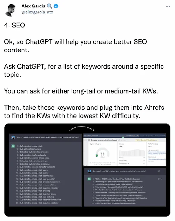 ChatGPT SEO advice in Twitter thread