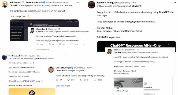 Twitter threads sharing ChatGPT content marketing tips