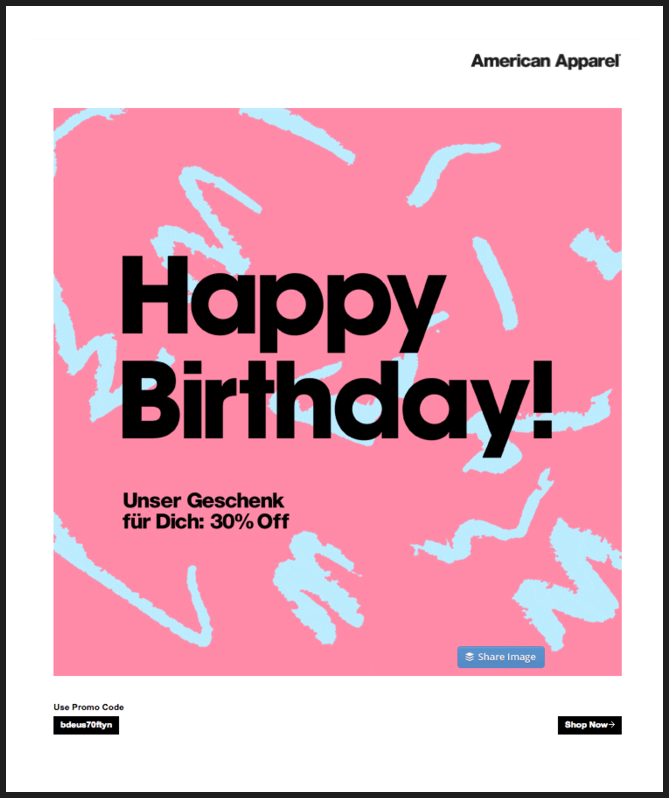 Screenshot von einer American Apparel Geburtstags-Email mit Rabattcoupon