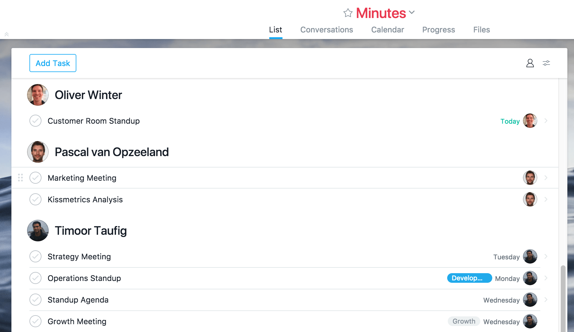 Screenshot of our asana meeting project.