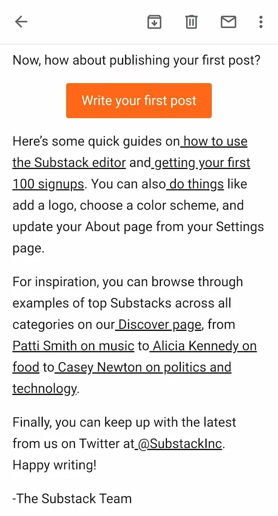 The Substack welcome email