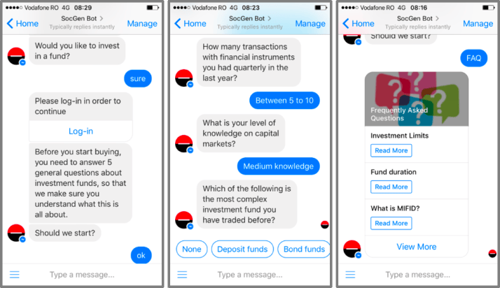 three screens in a row showing a bot conversation
