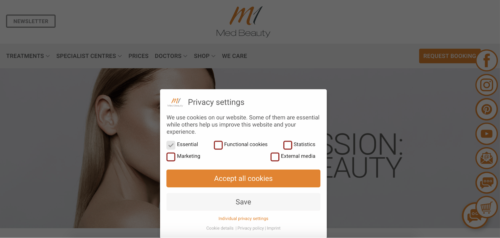 a screenshot of M1Beauty's cookie banner