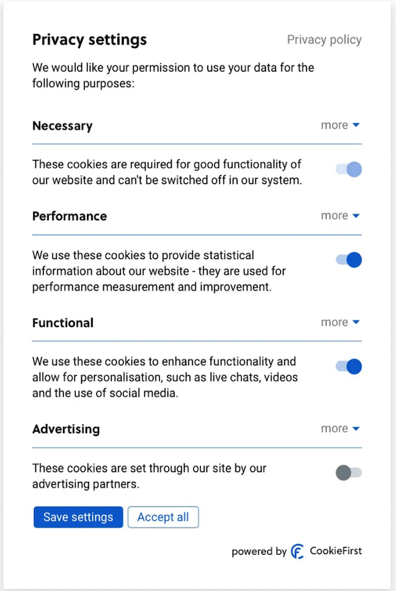 screenshot of cookie consent banner by Cookiefirst