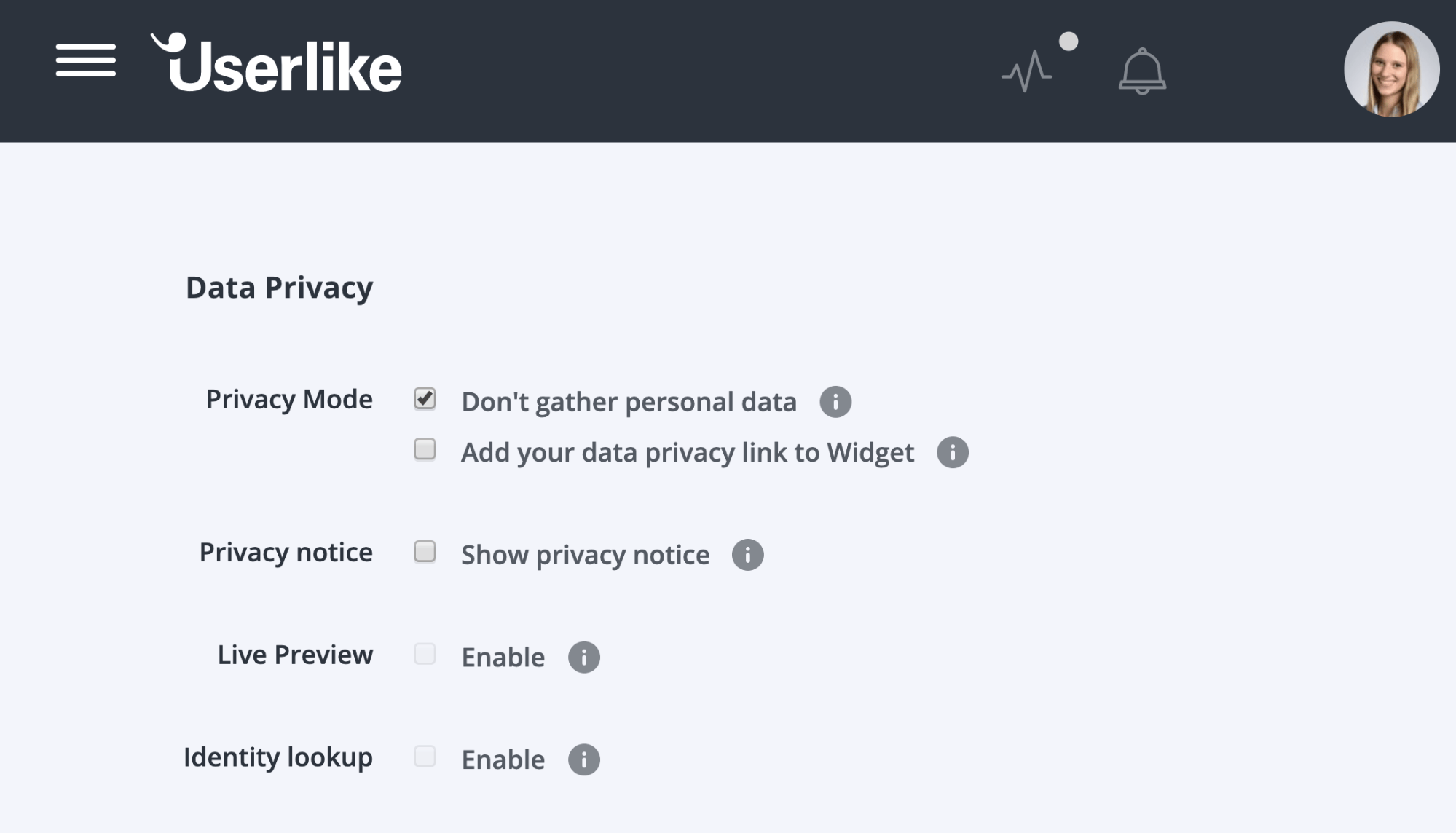 the data privacy chat mode in the Userlike Widget Editor