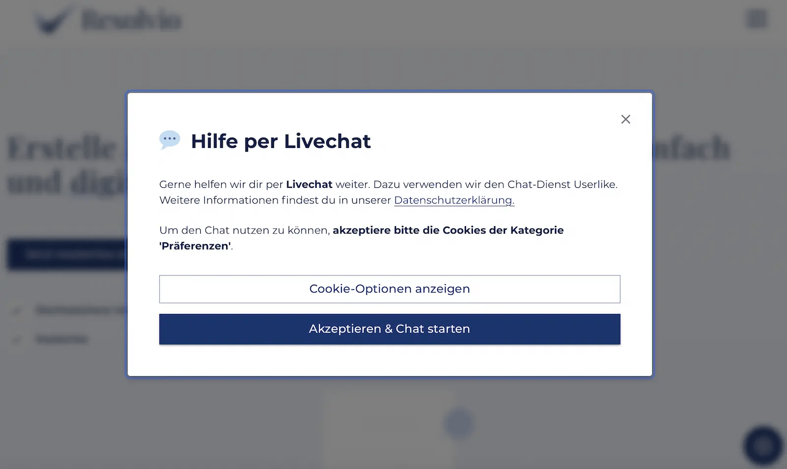 Screenshot des Cookie-Pop-Ups von Resolvio.
