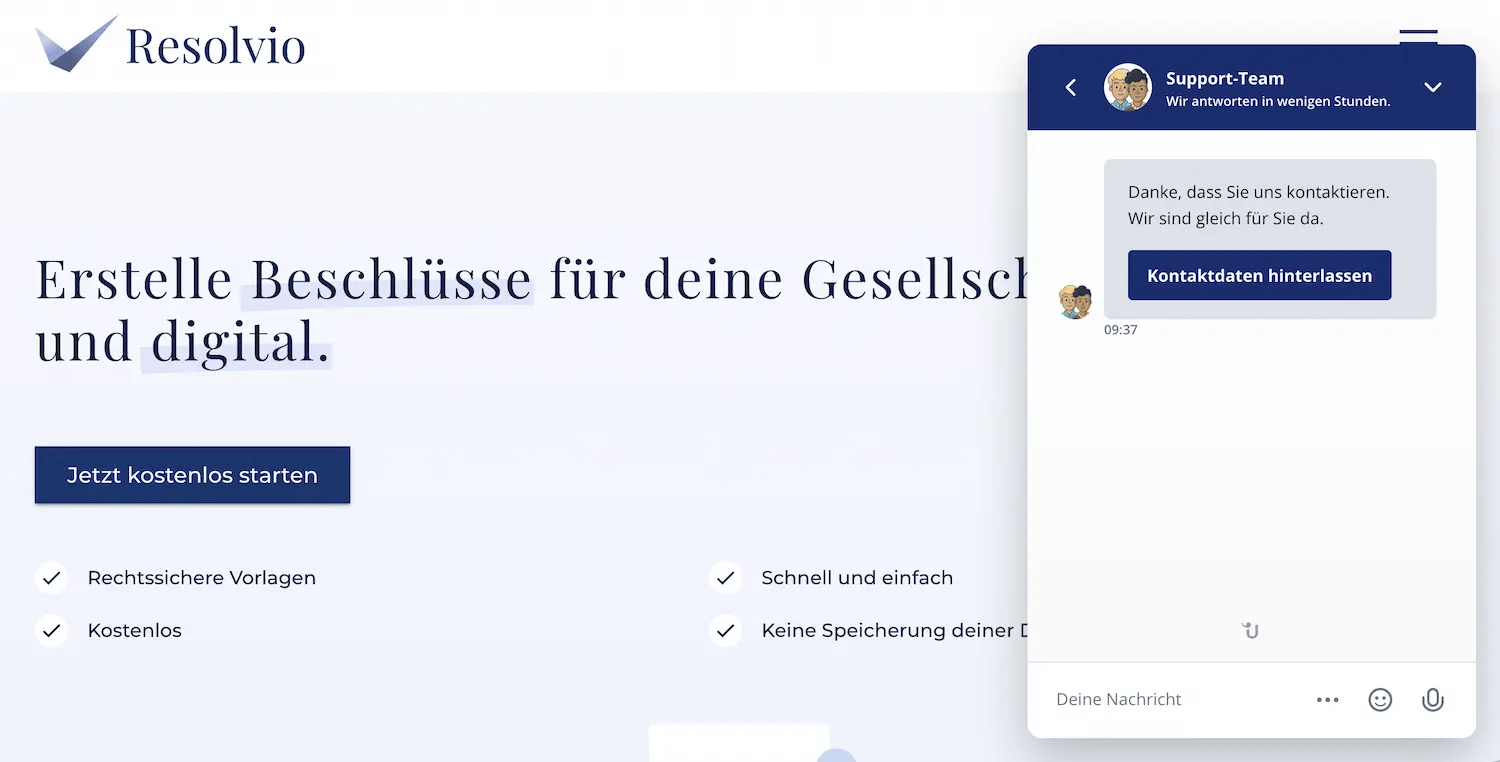 Screenshot der Resolvio Website mit Live-Chat.