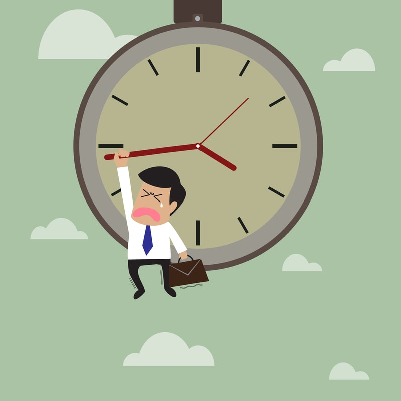 cartoon of person hanging on a clock.