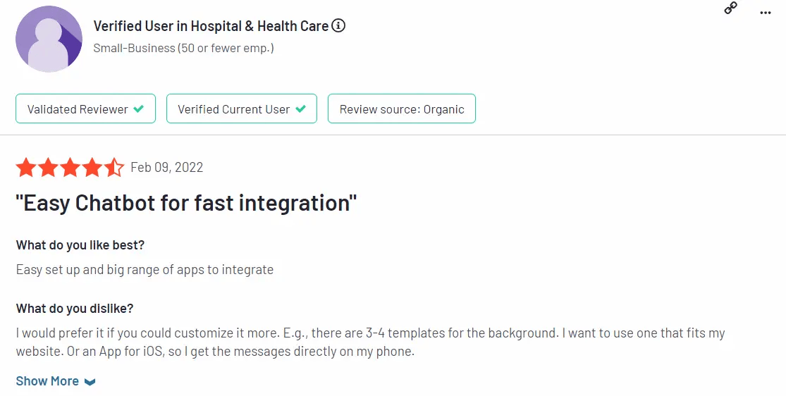 Positive review of Userlike's chatbot with constructive feedback
