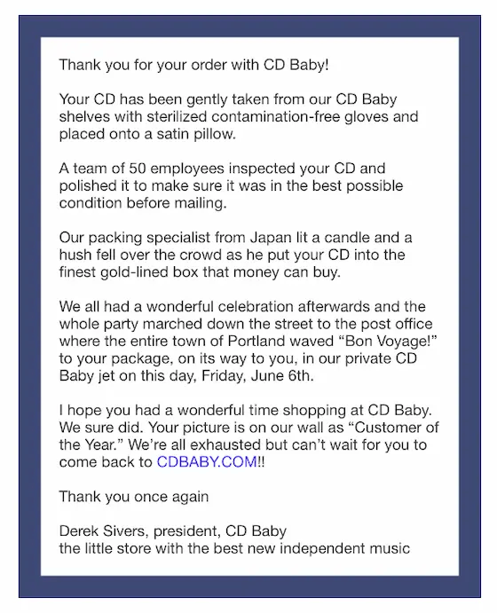 Creative 'your product has shipped' email by Derek Sivers