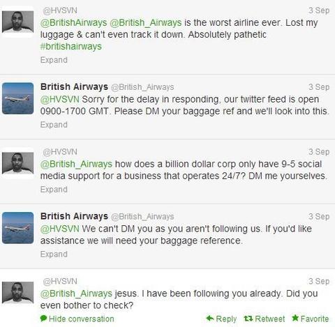 Screenshot einer hitzigen Unterhaltung zwischen British Airways und einem Kunden auf Social Media