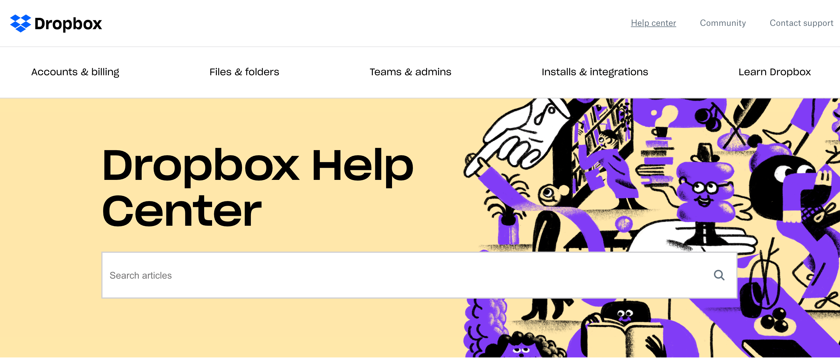Capture d'écran de la fonction de recherche du centre d'aide de Dropbox