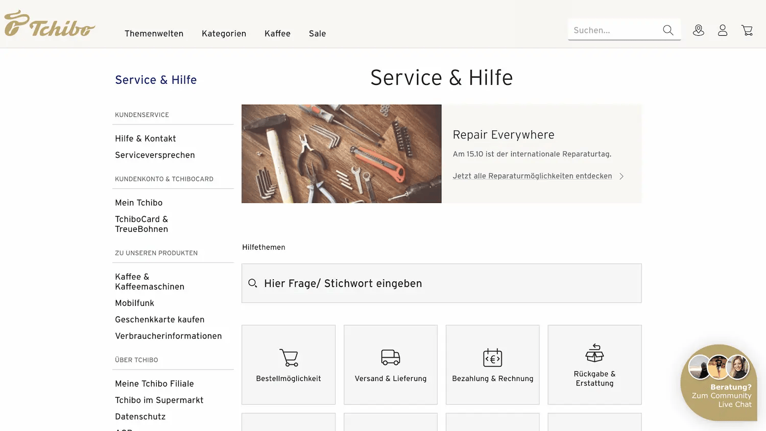 Screenshot von Tchibos FAQ-Seite.