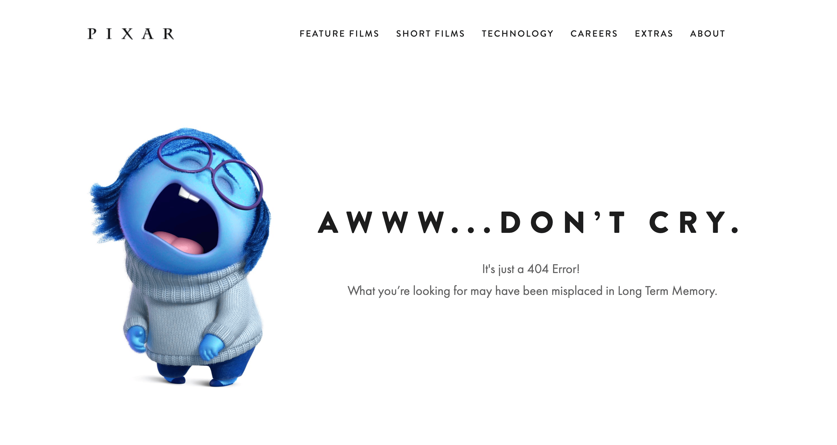 Pixar's 404 error page with one of their characters crying.