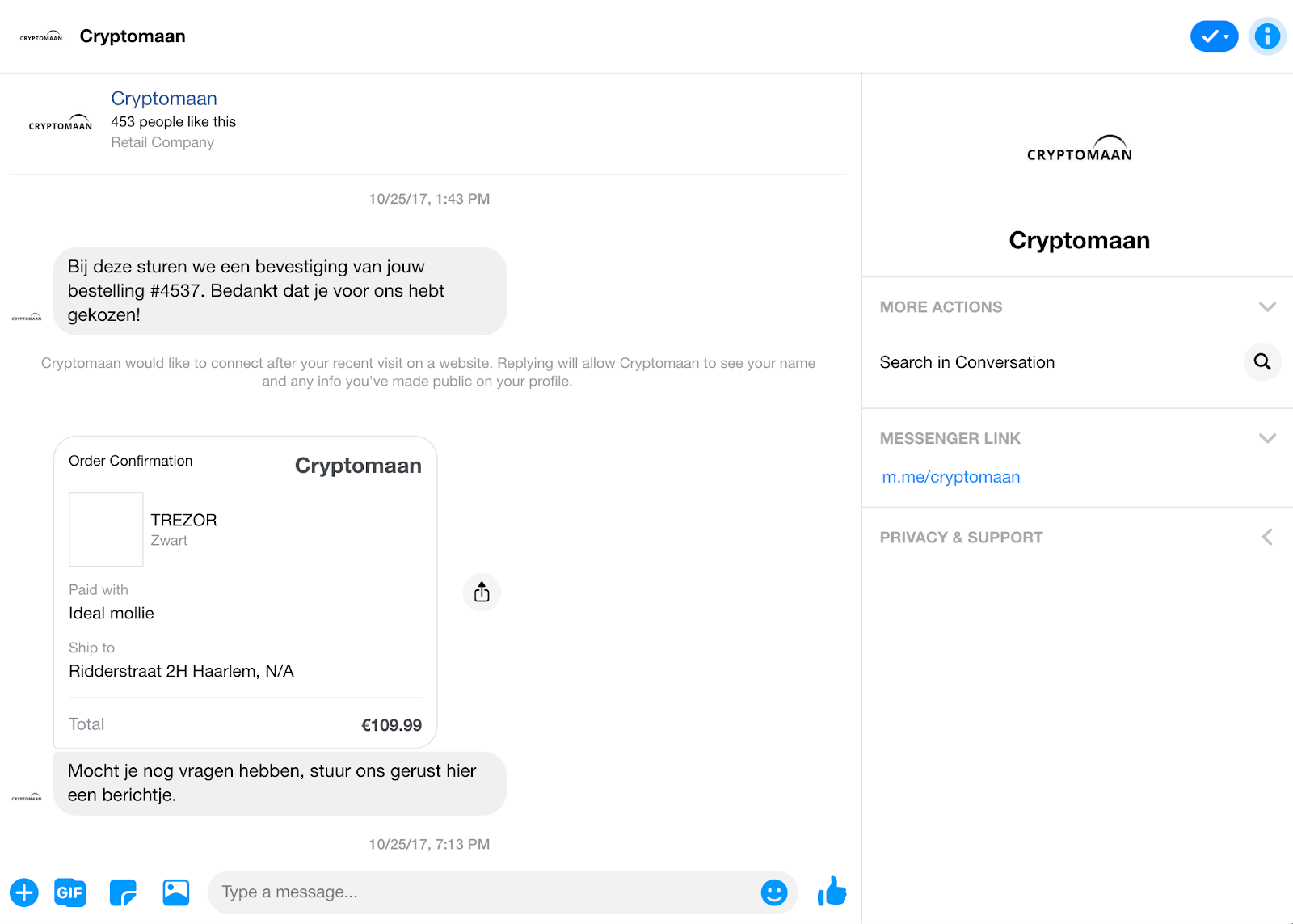 Beispiel für eine Bestellbestätigung innerhalb des Facebook Messenger
