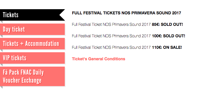 Screenshot of primavera sound festival's pricing page with tiered pricing