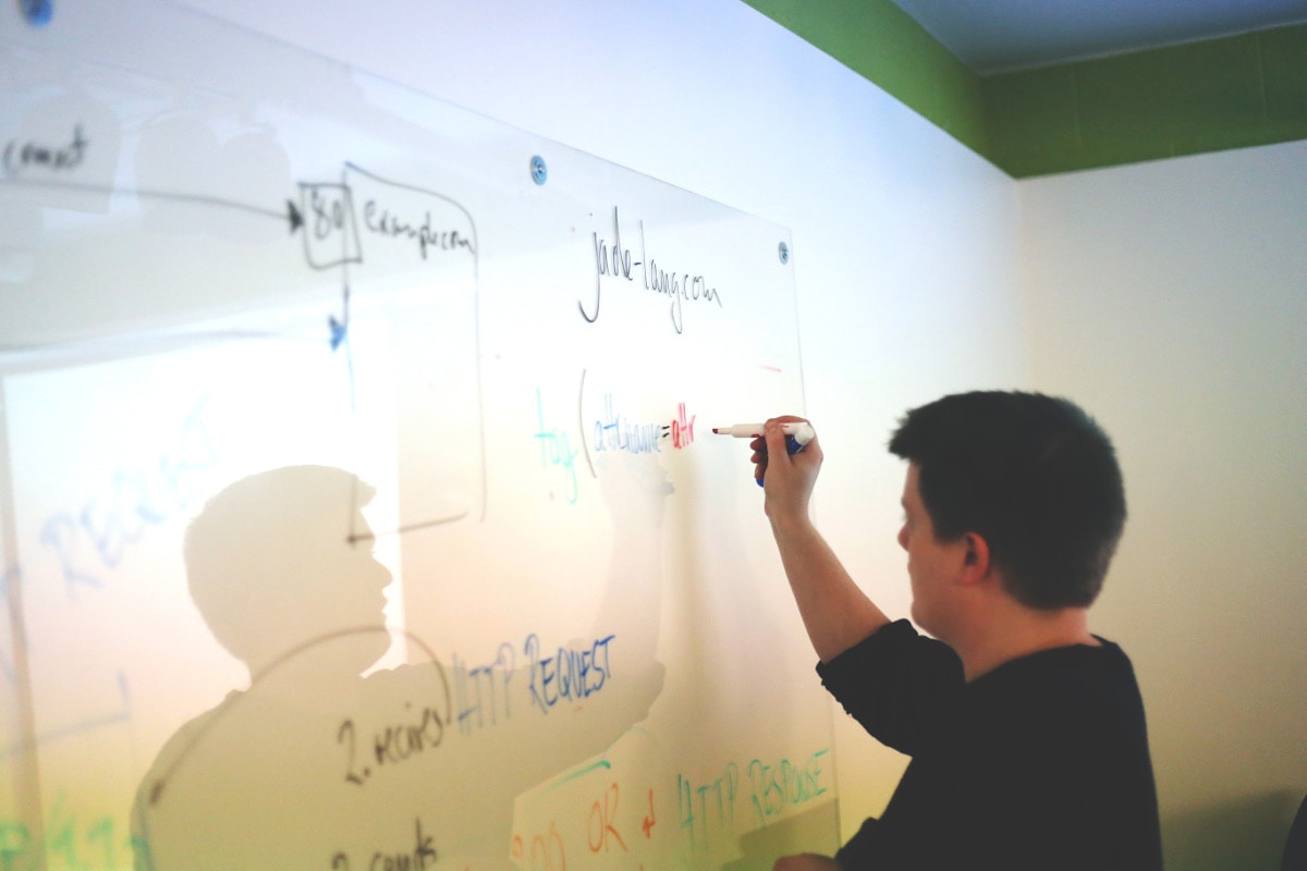 photograph picture of a man drawing on a whiteboard