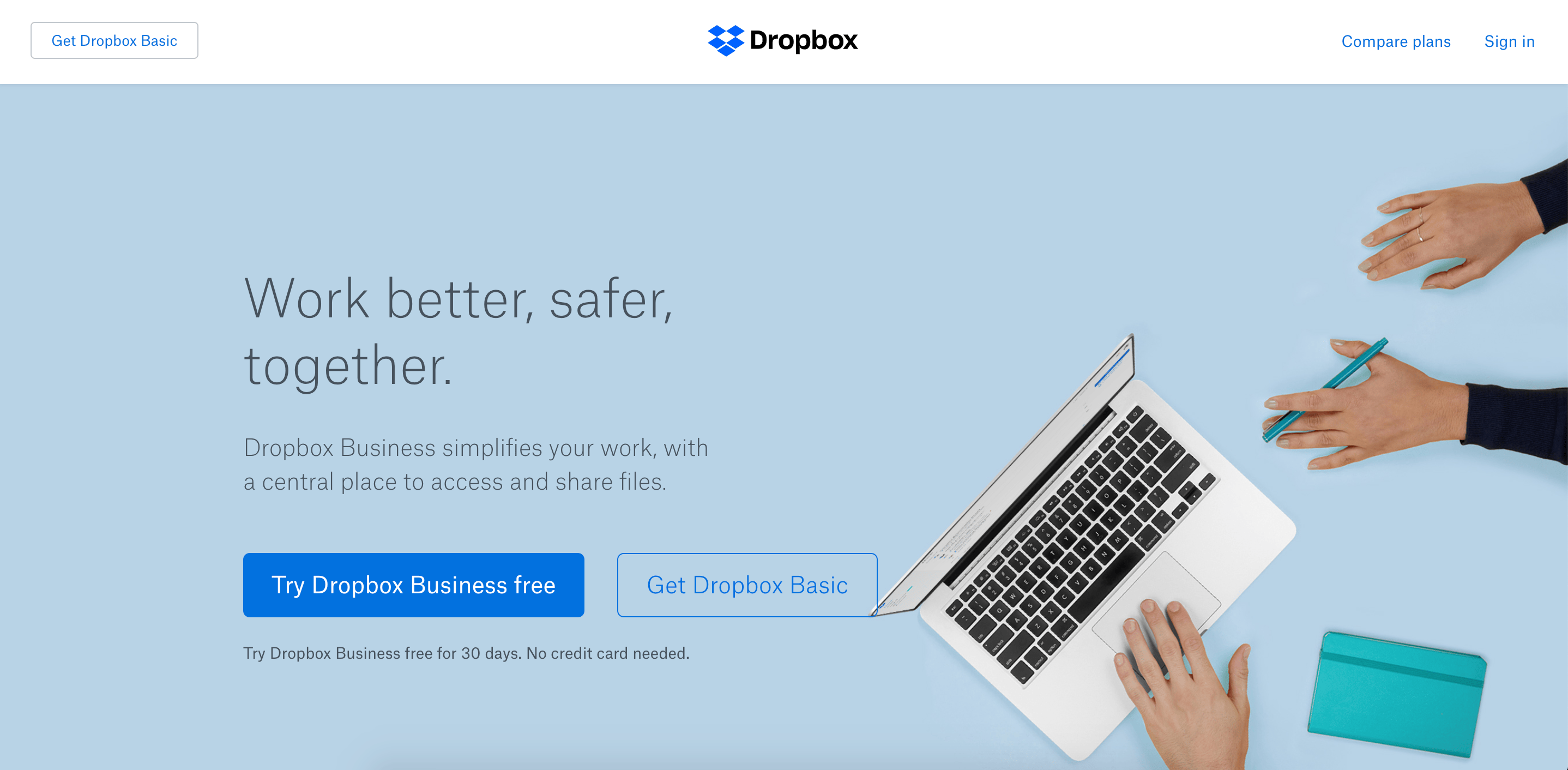 Image of two people working on a laptop with a headline that says work better, safer, together