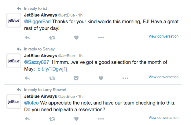 Image of JetBlue responding to customers with customized tweets