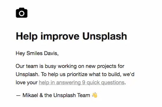 Feedback request email from Unsplash