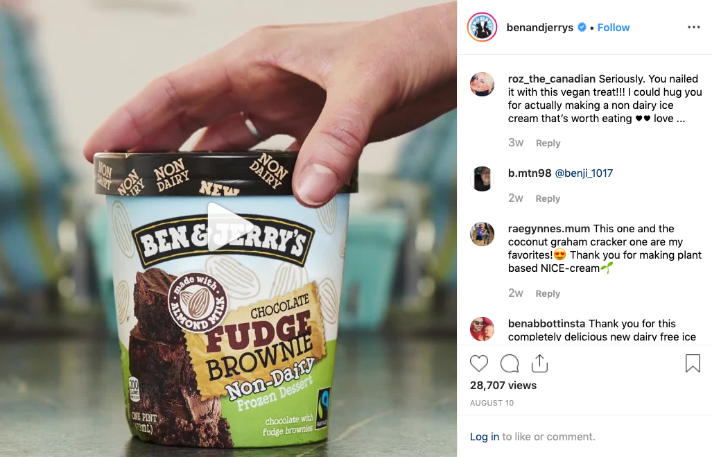 Une capture d'écran de l'instragram de Ben et Jerry's pour leur nouvelle glace végétalienne