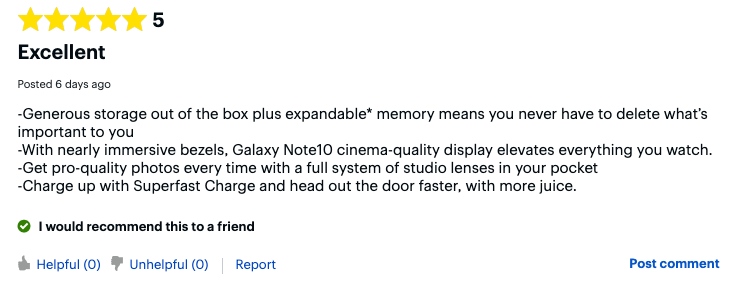 une capture d'écran d'un commentaire sur le site web de Best Buy montrant la satisfaction des clients