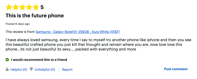 une capture d'écran d'une critique sur le site web de Best Buy montrant le sentiment des clients