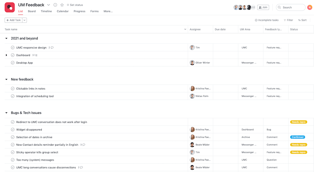 A screenshot of our feedback project on asana.