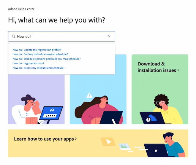 Adobe help center predicts question as user types