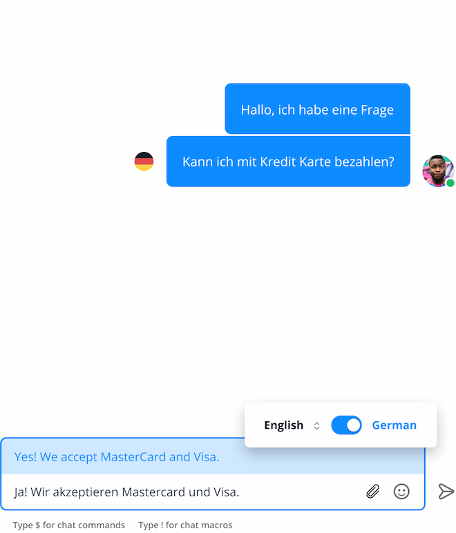Canned message is instantly translated to target language in a chat