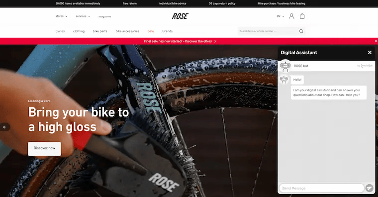 E-commerce chatbot offers help on homepage of bike store